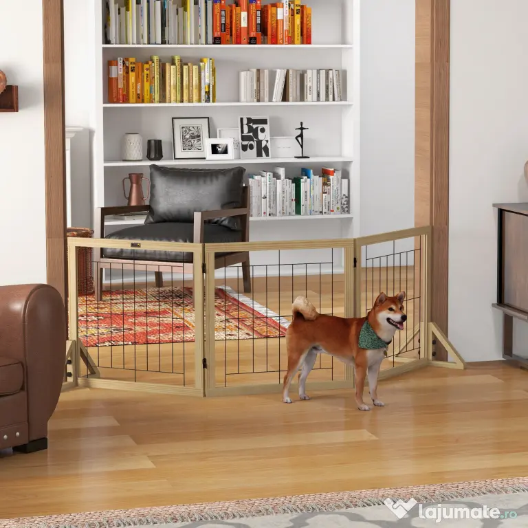 PawHut Gard pliabil pentru câini, gard de siguranță pentru animale de companie și căței cu 3 panouri și suporturi triunghiulare, 210x70 cm, lemn natural | Aosom Romania