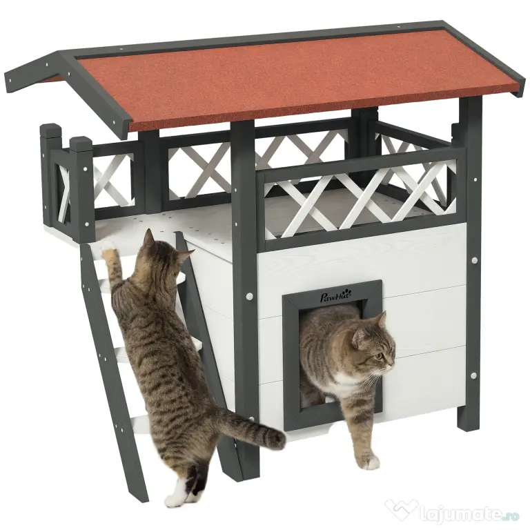 PawHut Căsuță pentru Pisici de Exterior cu Terasa și Scară, Adăpost pentru Pisici și Animale Mici din Lemn, 77x50x73 cm, Alb