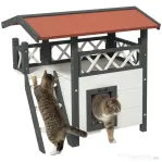 PawHut Căsuță pentru Pisici de Exterior cu Terasa și Scară, Adăpost pentru Pisici și Animale Mici din Lemn, 77x50x73 cm, Alb