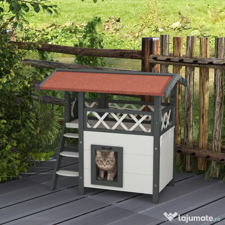 PawHut Căsuță pentru Pisici de Exterior cu Terasa și Scară, Adăpost pentru Pisici și Animale Mici din Lemn, 77x50x73 cm, Alb