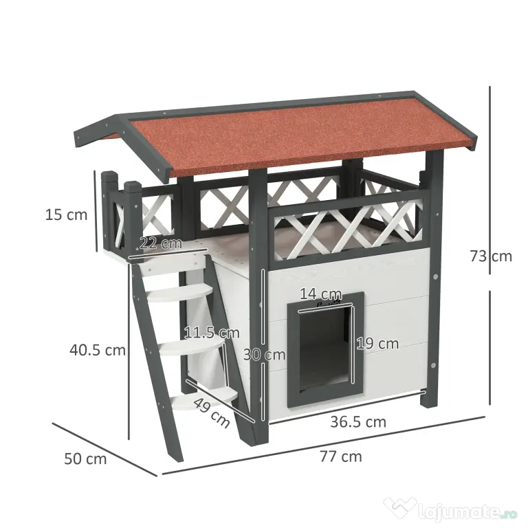 PawHut Căsuță pentru Pisici de Exterior cu Terasa și Scară, Adăpost pentru Pisici și Animale Mici din Lemn, 77x50x73 cm, Alb