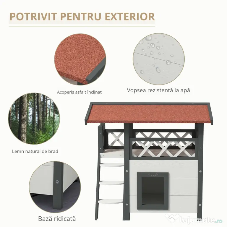 PawHut Căsuță pentru Pisici de Exterior cu Terasa și Scară, Adăpost pentru Pisici și Animale Mici din Lemn, 77x50x73 cm, Alb