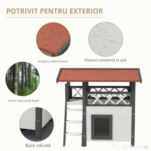 PawHut Căsuță pentru Pisici de Exterior cu Terasa și Scară, Adăpost pentru Pisici și Animale Mici din Lemn, 77x50x73 cm, Alb