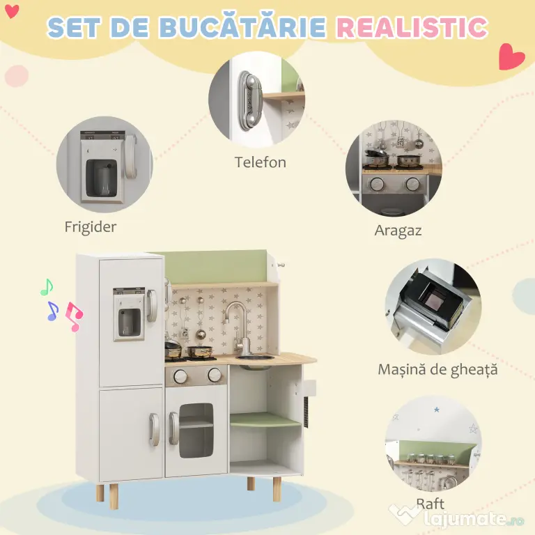 AIYAPLAY Set de Joaca de Bucatarie de Jucarie, cu Telefon, Aparat de Gheata, Aragaz, Chiuveta, Ustensile, pentru Copii de 3-6 ani, Alb | Aosom Romania