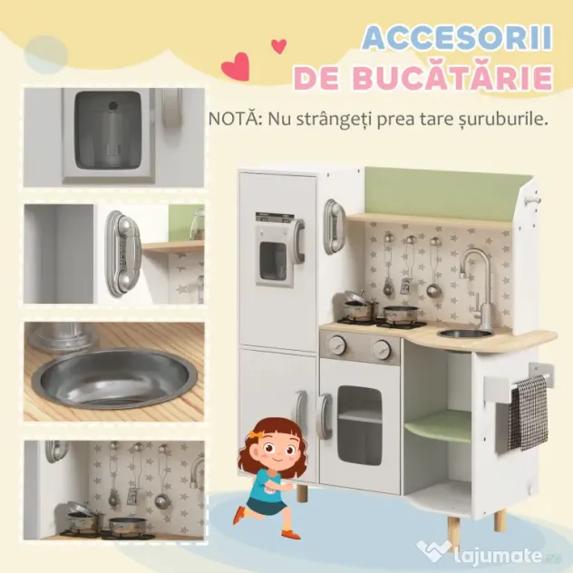 AIYAPLAY Set de Joaca de Bucatarie de Jucarie, cu Telefon, Aparat de Gheata, Aragaz, Chiuveta, Ustensile, pentru Copii de 3-6 ani, Alb | Aosom Romania