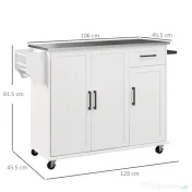 HOMCOM Insulă de Bucătărie Rulantă cu Depozitare, Sertar, 3 Dulapuri, Blat din Oțel Inoxidabil, Design Versatil, Alb | Aosom Romania 
