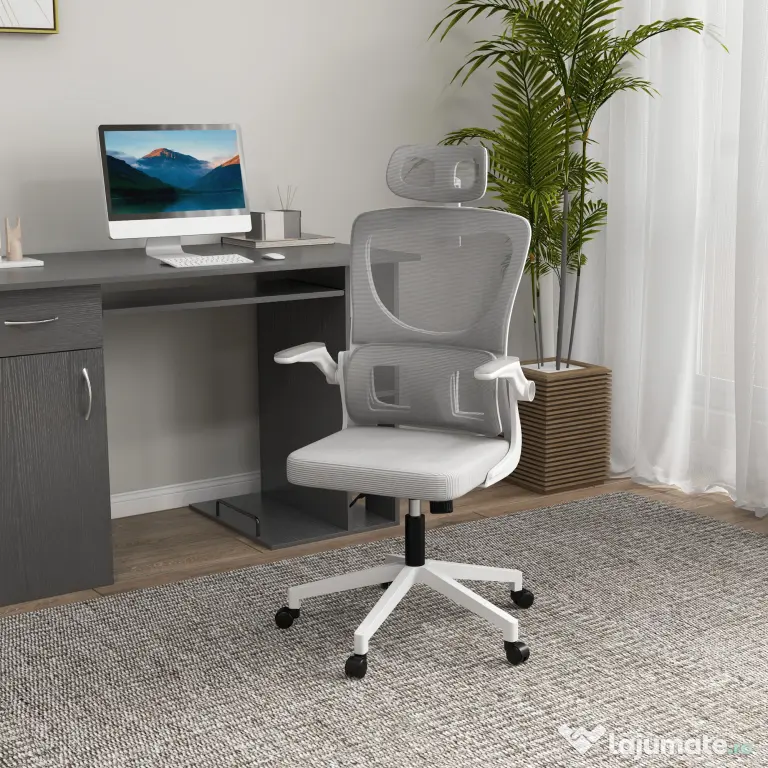 Vinsetto Scaun Ergonomic de Birou, Tetieră Reglabilă, Suport Lombar, 70x66x120-128 cm, Gri | Aosom Romania