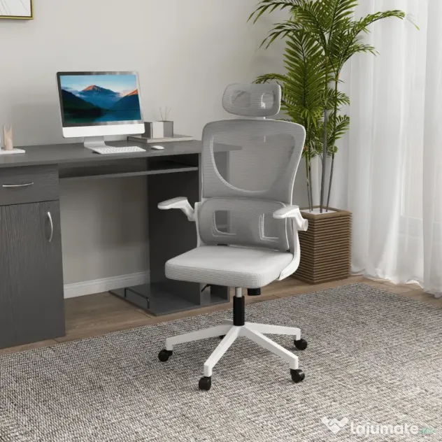 Vinsetto Scaun Ergonomic de Birou, Tetieră Reglabilă, Suport Lombar, 70x66x120-128 cm, Gri | Aosom Romania