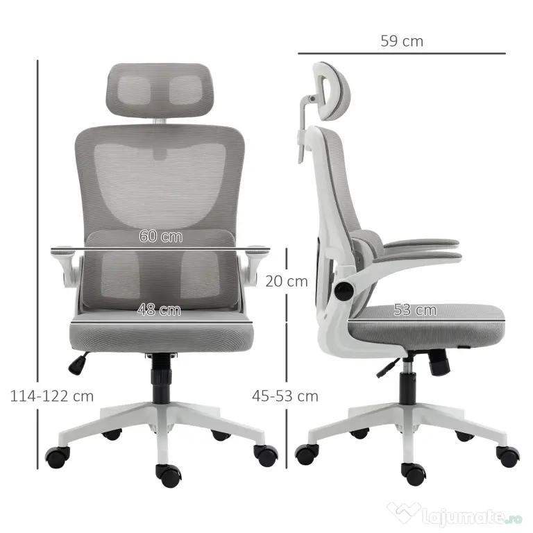 Vinsetto Scaun Ergonomic de Birou, Tetieră Reglabilă, Suport Lombar, 70x66x120-128 cm, Gri | Aosom Romania