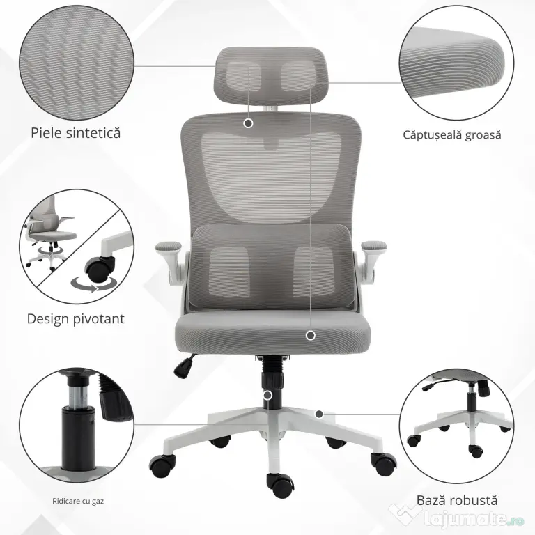 Vinsetto Scaun Ergonomic de Birou, Tetieră Reglabilă, Suport Lombar, 70x66x120-128 cm, Gri | Aosom Romania