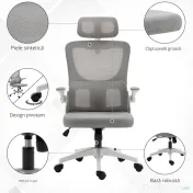 Vinsetto Scaun Ergonomic de Birou, Tetieră Reglabilă, Suport Lombar, 70x66x120-128 cm, Gri | Aosom Romania