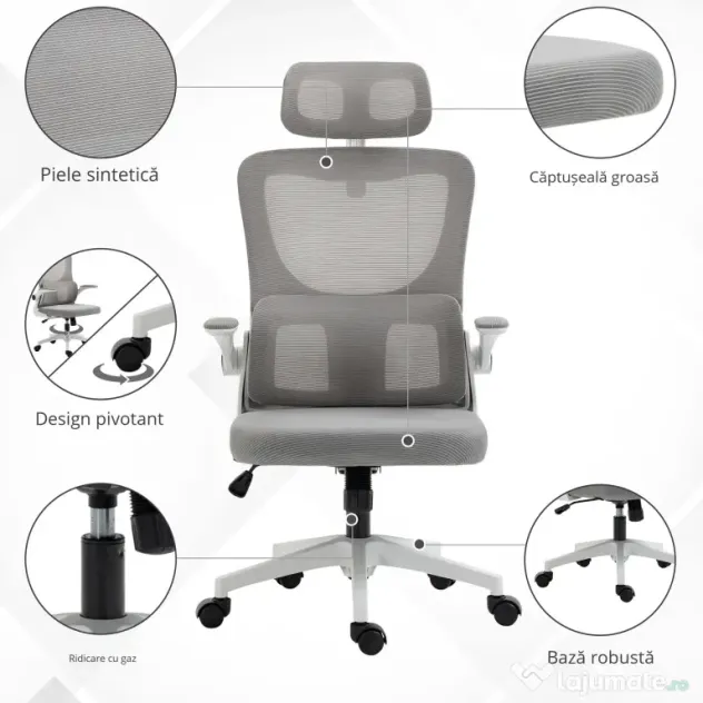 Vinsetto Scaun Ergonomic de Birou, Tetieră Reglabilă, Suport Lombar, 70x66x120-128 cm, Gri | Aosom Romania