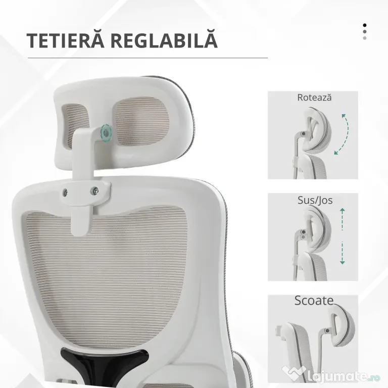 Vinsetto Scaun Ergonomic de Birou, Tetieră Reglabilă, Suport Lombar, 70x66x120-128 cm, Gri | Aosom Romania