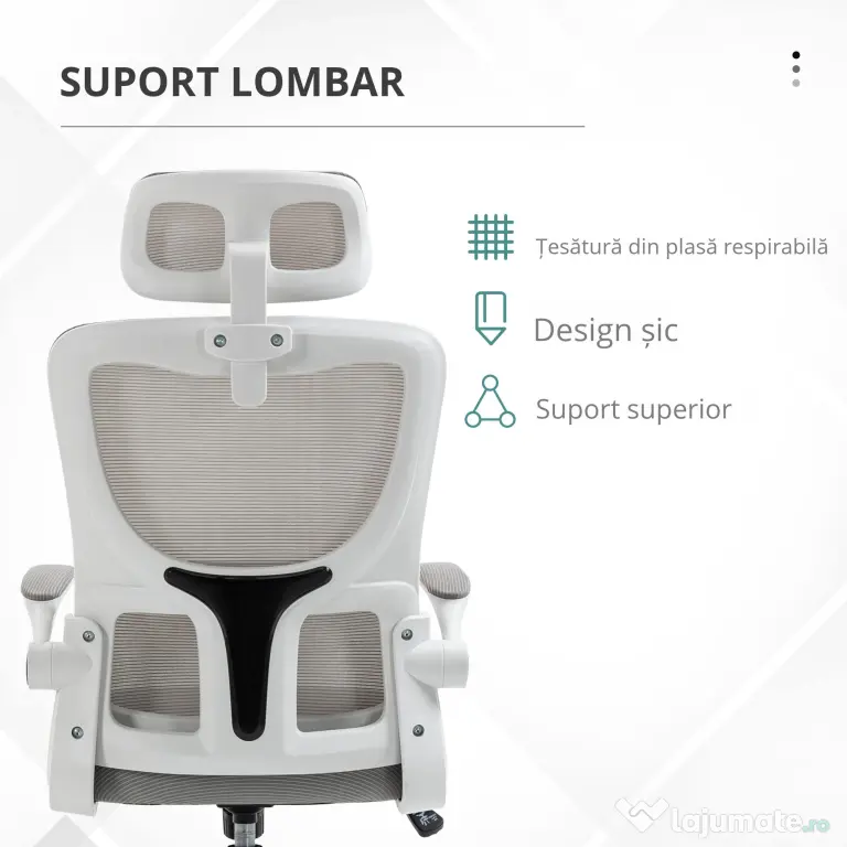 Vinsetto Scaun Ergonomic de Birou, Tetieră Reglabilă, Suport Lombar, 70x66x120-128 cm, Gri | Aosom Romania