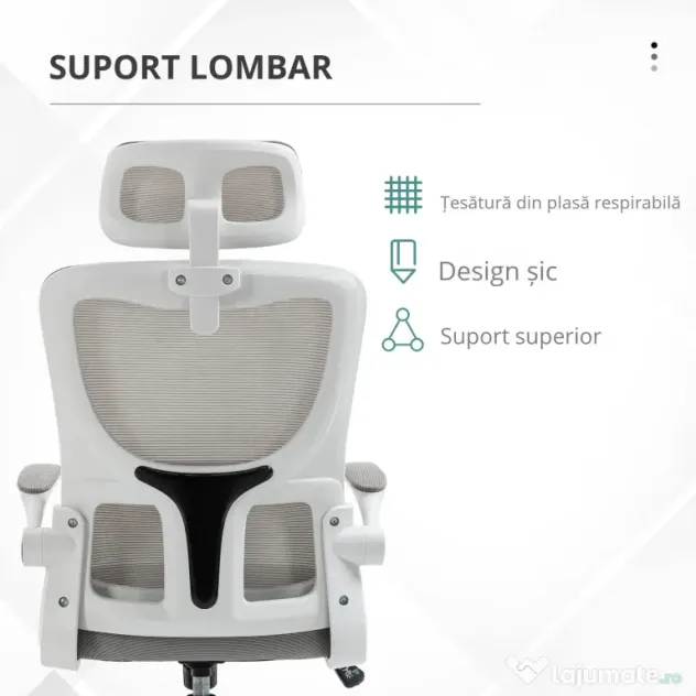 Vinsetto Scaun Ergonomic de Birou, Tetieră Reglabilă, Suport Lombar, 70x66x120-128 cm, Gri | Aosom Romania