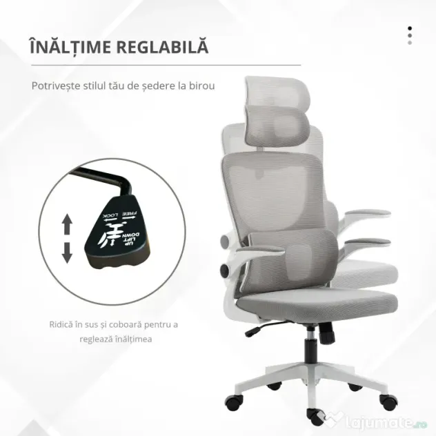 Vinsetto Scaun Ergonomic de Birou, Tetieră Reglabilă, Suport Lombar, 70x66x120-128 cm, Gri | Aosom Romania