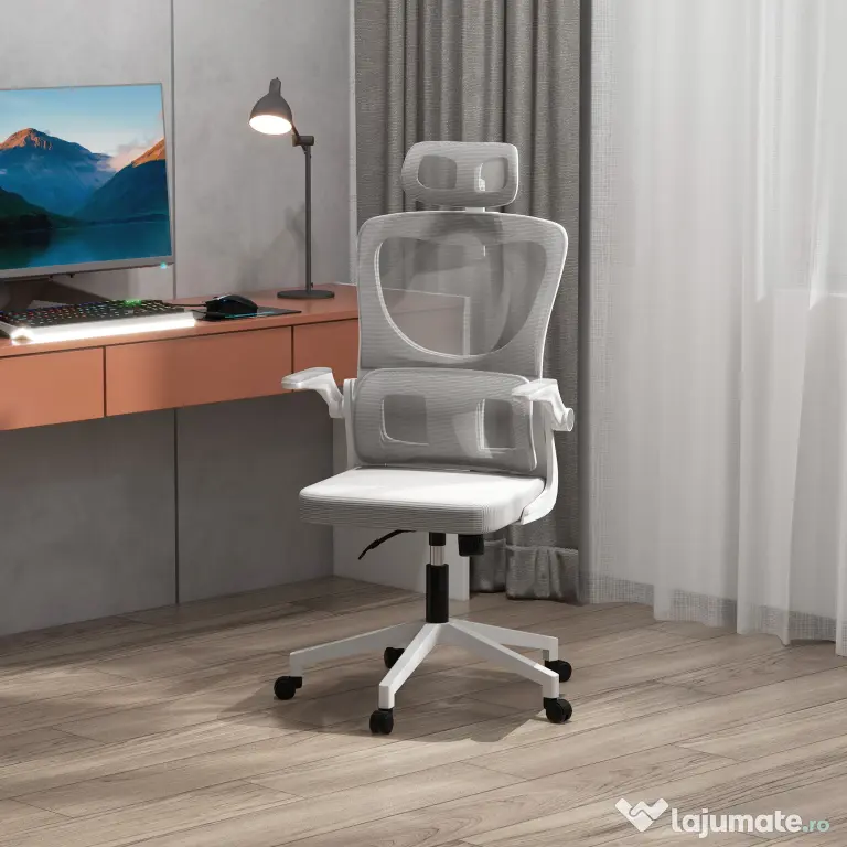 Vinsetto Scaun Ergonomic de Birou, Tetieră Reglabilă, Suport Lombar, 70x66x120-128 cm, Gri | Aosom Romania