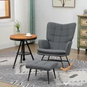 HOMCOM Scaun Balansoar cu Taburet în Stofă Tip In și Lemn de Cauciuc, Fotoliu Balansoar cu Pernă, Spătar Înalt, Cotiere, Capacitate 130 kg, pentru Dormitor Living, Gri | Aosom Romania 