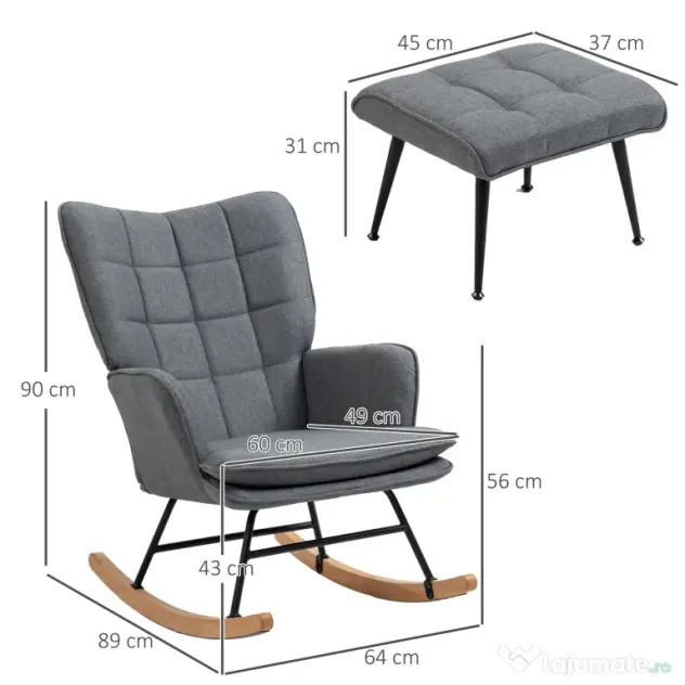 HOMCOM Scaun Balansoar cu Taburet în Stofă Tip In și Lemn de Cauciuc, Fotoliu Balansoar cu Pernă, Spătar Înalt, Cotiere, Capacitate 130 kg, pentru Dormitor Living, Gri | Aosom Romania