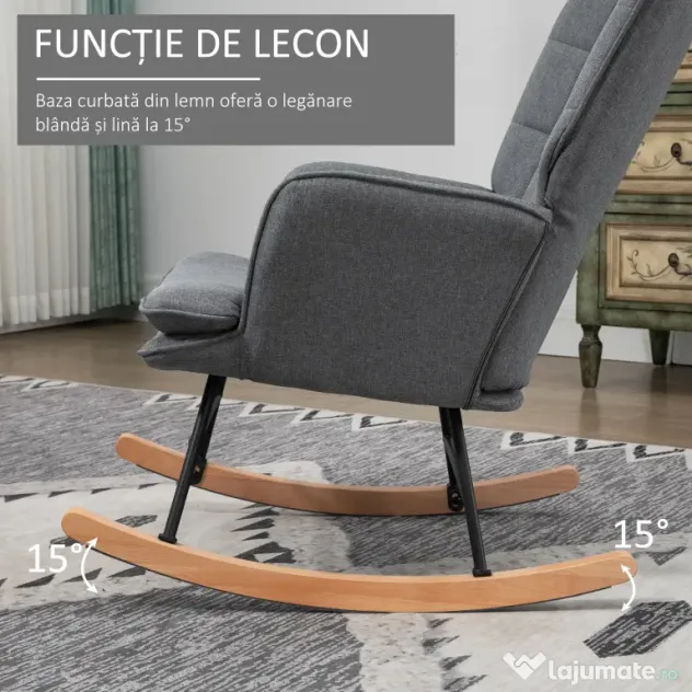 HOMCOM Scaun Balansoar cu Taburet în Stofă Tip In și Lemn de Cauciuc, Fotoliu Balansoar cu Pernă, Spătar Înalt, Cotiere, Capacitate 130 kg, pentru Dormitor Living, Gri | Aosom Romania