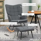 HOMCOM Scaun Balansoar cu Taburet în Stofă Tip In și Lemn de Cauciuc, Fotoliu Balansoar cu Pernă, Spătar Înalt, Cotiere, Capacitate 130 kg, pentru Dormitor Living, Gri | Aosom Romania 