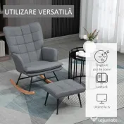 HOMCOM Scaun Balansoar cu Taburet în Stofă Tip In și Lemn de Cauciuc, Fotoliu Balansoar cu Pernă, Spătar Înalt, Cotiere, Capacitate 130 kg, pentru Dormitor Living, Gri | Aosom Romania 