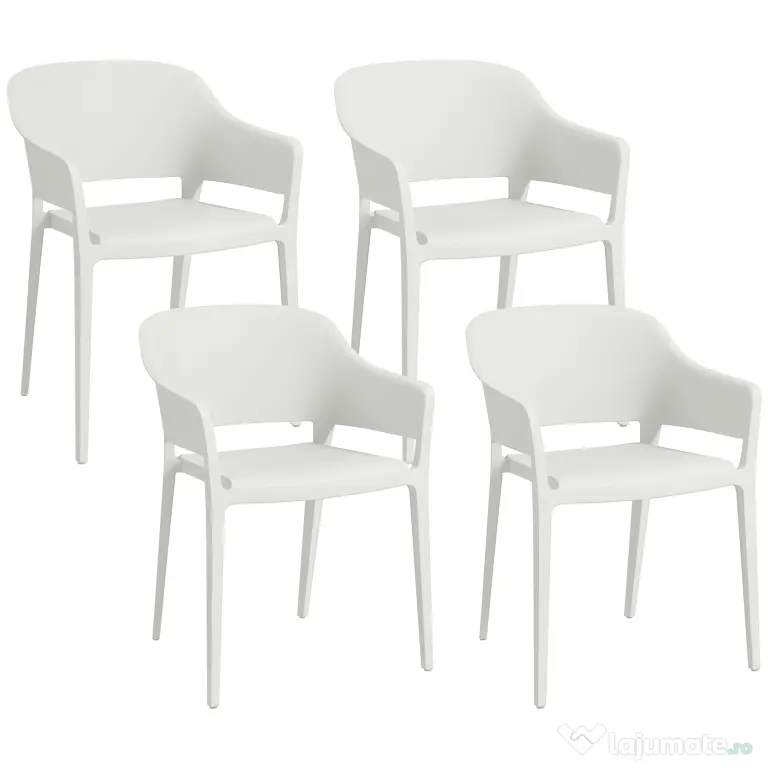 Outsunny Set din 4 Scaune de Grădină, Scaune Stivuibile de Exterior cu Spătar Înalt și Cotiere, 56x54.5x77.5 cm, Alb | Aosom Romania