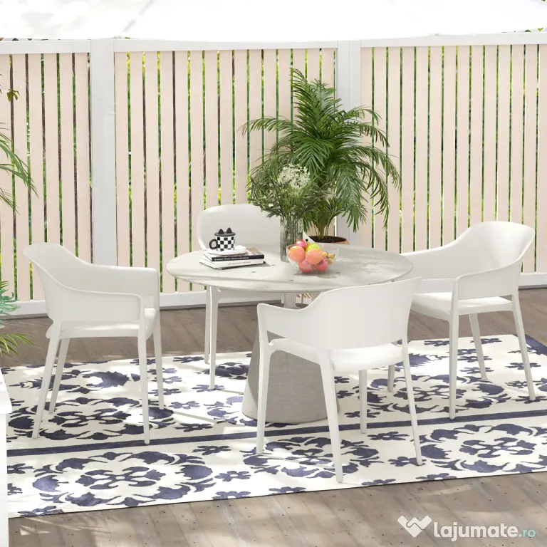 Outsunny Set din 4 Scaune de Grădină, Scaune Stivuibile de Exterior cu Spătar Înalt și Cotiere, 56x54.5x77.5 cm, Alb | Aosom Romania