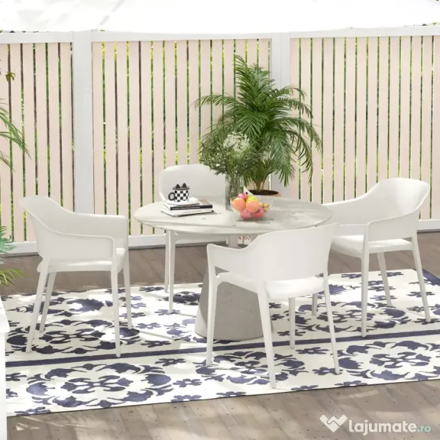 Outsunny Set din 4 Scaune de Grădină, Scaune Stivuibile de Exterior cu Spătar Înalt și Cotiere, 56x54.5x77.5 cm, Alb | Aosom Romania