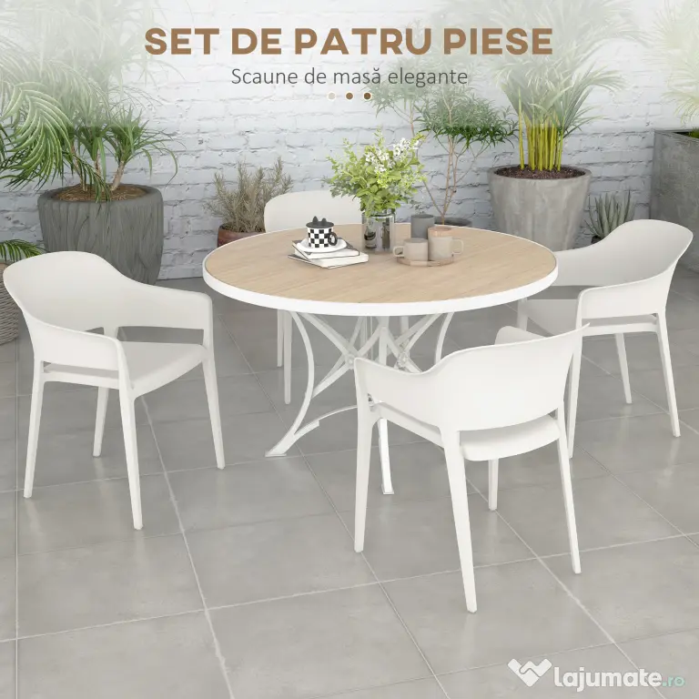 Outsunny Set din 4 Scaune de Grădină, Scaune Stivuibile de Exterior cu Spătar Înalt și Cotiere, 56x54.5x77.5 cm, Alb | Aosom Romania