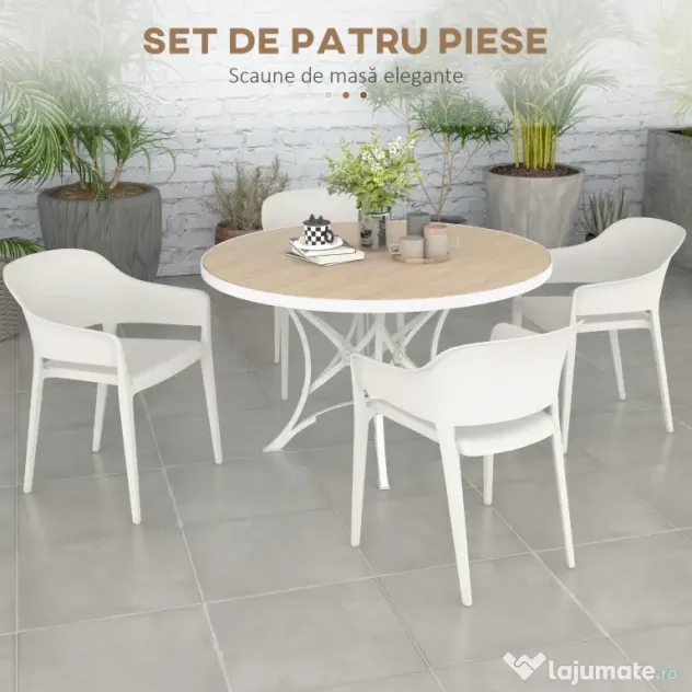 Outsunny Set din 4 Scaune de Grădină, Scaune Stivuibile de Exterior cu Spătar Înalt și Cotiere, 56x54.5x77.5 cm, Alb | Aosom Romania