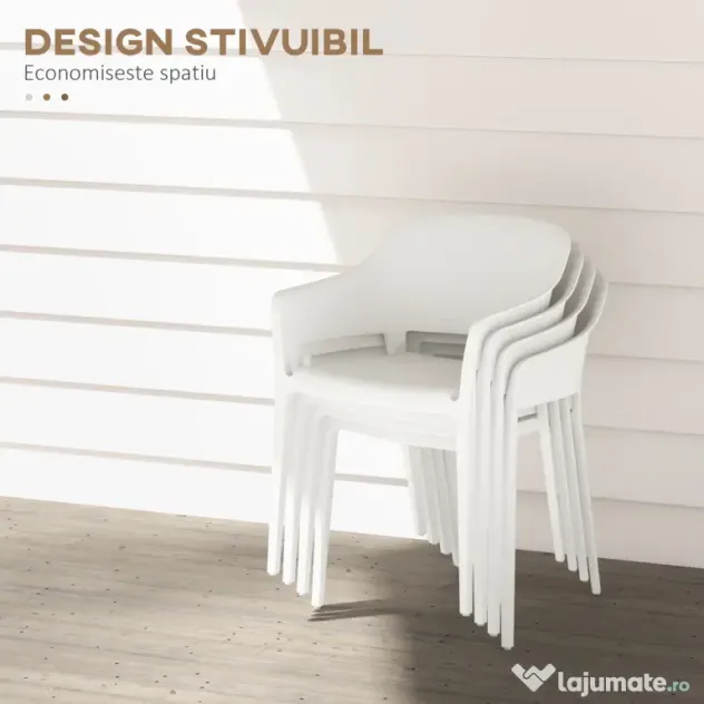 Outsunny Set din 4 Scaune de Grădină, Scaune Stivuibile de Exterior cu Spătar Înalt și Cotiere, 56x54.5x77.5 cm, Alb | Aosom Romania