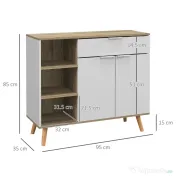 HOMCOM Bufet de Depozitare Modern cu Sertar, Usi cu Inchidere cu Amortizare, 3 Compartimente Deschise si Rafturi Reglabile, Dulap de Bucatarie Alb 