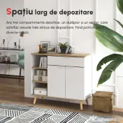 HOMCOM Bufet de Depozitare Modern cu Sertar, Usi cu Inchidere cu Amortizare, 3 Compartimente Deschise si Rafturi Reglabile, Dulap de Bucatarie Alb 