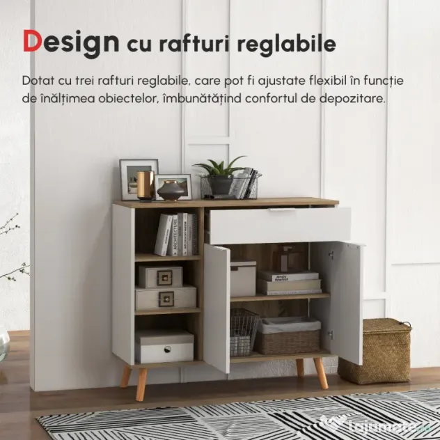 HOMCOM Bufet de Depozitare Modern cu Sertar, Usi cu Inchidere cu Amortizare, 3 Compartimente Deschise si Rafturi Reglabile, Dulap de Bucatarie Alb