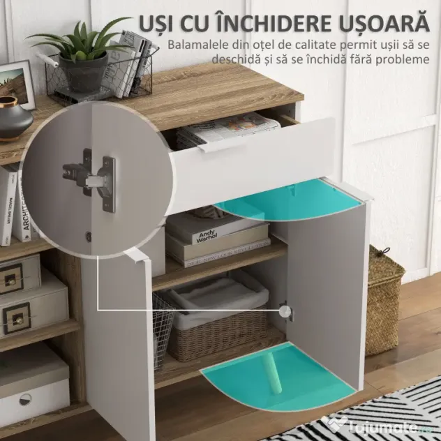 HOMCOM Bufet de Depozitare Modern cu Sertar, Usi cu Inchidere cu Amortizare, 3 Compartimente Deschise si Rafturi Reglabile, Dulap de Bucatarie Alb
