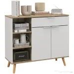 HOMCOM Bufet Modern, Dulap Depozitare cu Sertar și Uși cu Închidere cu Amortizare, 3 Compartimente Deschise, Rafturi Reglabile, 100x35x84cm, Alb și Stejar