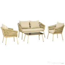 Outsunny Set Mobilier de Exterior cu Canapea cu 2 Locuri, 2 Fotolii cu Perne și Măsuță de Sticlă