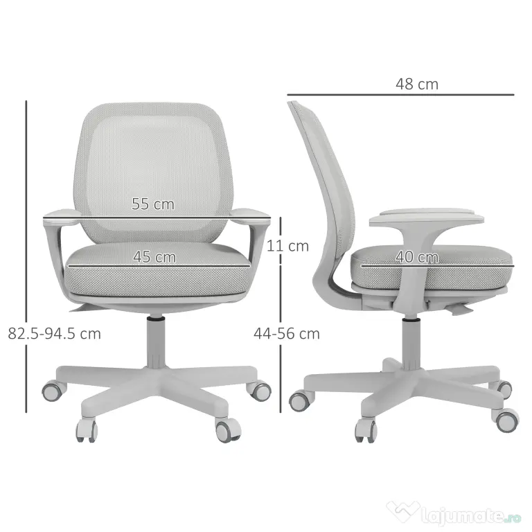 Vinsetto Scaun de Birou Rabatabil cu Inaltime Reglabila, Scaun Ergonomic si Tesatura Respirabila cu 5 Roti 55x48x82.5-94.5 cm, Gri