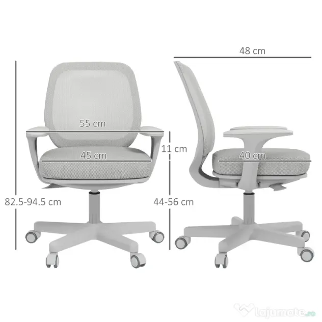 Vinsetto Scaun de Birou Rabatabil cu Inaltime Reglabila, Scaun Ergonomic si Tesatura Respirabila cu 5 Roti 55x48x82.5-94.5 cm, Gri