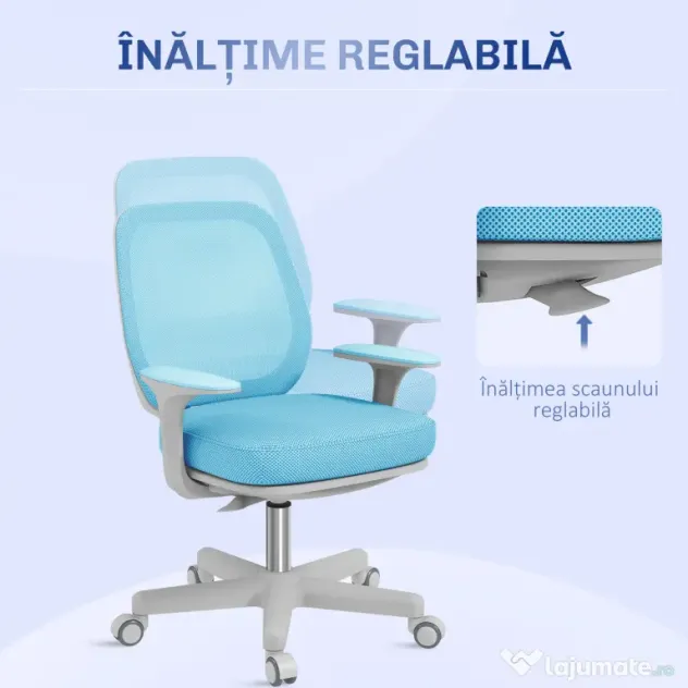 Vinsetto Scaun Birou Ergonomic cu Înălțime Reglabilă, Scaun Rotativ și Respirabil cu Înclinare, 55x48x82.5-94.5 cm, Albastru | Aosom Romania
