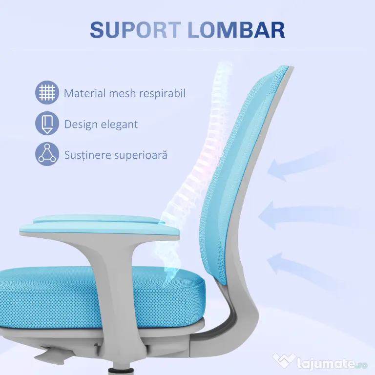 Vinsetto Scaun Birou Ergonomic cu Înălțime Reglabilă, Scaun Rotativ și Respirabil cu Înclinare, 55x48x82.5-94.5 cm, Albastru | Aosom Romania