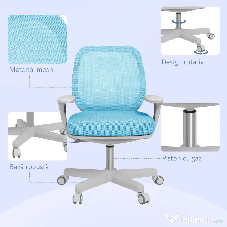 Vinsetto Scaun Birou Ergonomic cu Înălțime Reglabilă, Scaun Rotativ și Respirabil cu Înclinare, 55x48x82.5-94.5 cm, Albastru | Aosom Romania