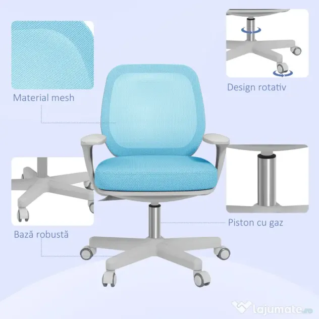 Vinsetto Scaun Birou Ergonomic cu Înălțime Reglabilă, Scaun Rotativ și Respirabil cu Înclinare, 55x48x82.5-94.5 cm, Albastru | Aosom Romania