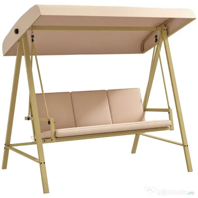 Outsunny Scaun Balansoar de Grădină cu 3 Locuri, Bancă cu Copertină Reglabilă, Perne Detașabile și Cadru din Oțel, 200x125x175 cm, Bej | Aosom Romania