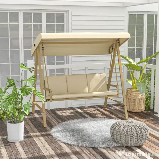 Outsunny Scaun Balansoar de Grădină cu 3 Locuri, Bancă cu Copertină Reglabilă, Perne Detașabile și Cadru din Oțel, 200x125x175 cm, Bej | Aosom Romania