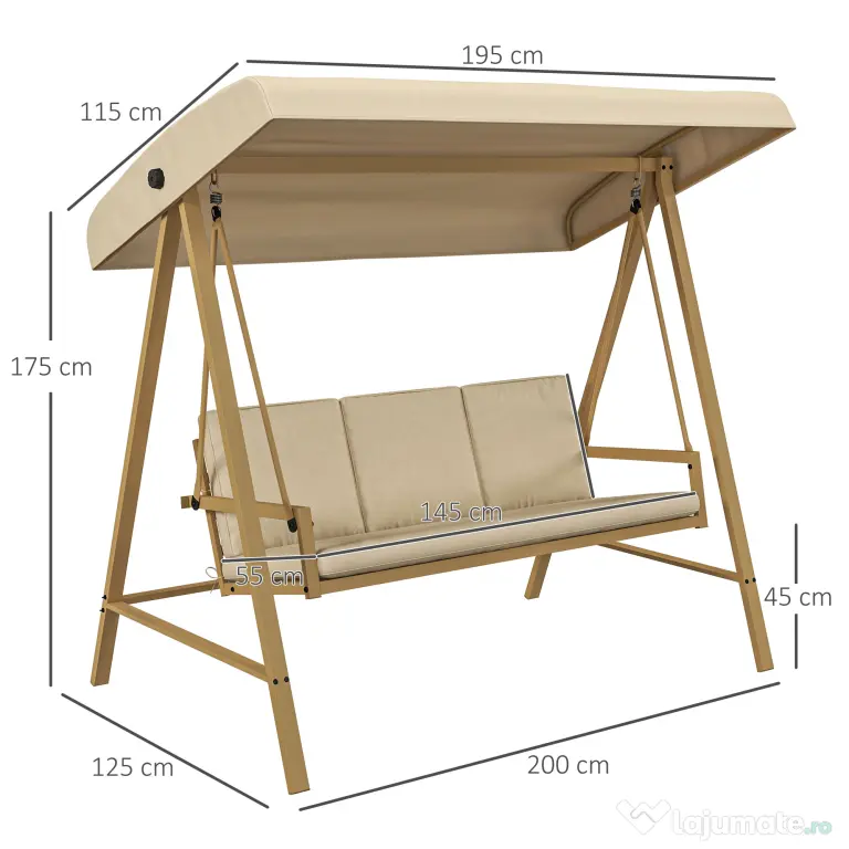 Outsunny Scaun Balansoar de Grădină cu 3 Locuri, Bancă cu Copertină Reglabilă, Perne Detașabile și Cadru din Oțel, 200x125x175 cm, Bej | Aosom Romania