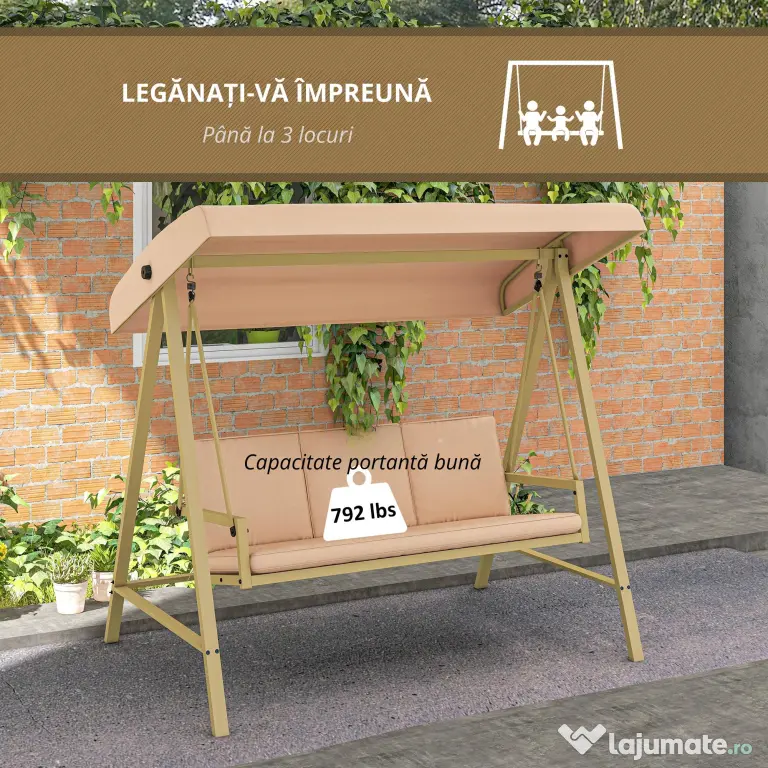 Outsunny Scaun Balansoar de Grădină cu 3 Locuri, Bancă cu Copertină Reglabilă, Perne Detașabile și Cadru din Oțel, 200x125x175 cm, Bej | Aosom Romania