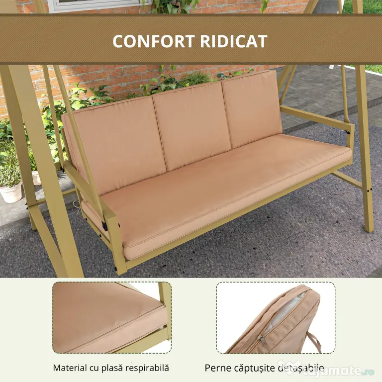 Outsunny Scaun Balansoar de Grădină cu 3 Locuri, Bancă cu Copertină Reglabilă, Perne Detașabile și Cadru din Oțel, 200x125x175 cm, Bej | Aosom Romania