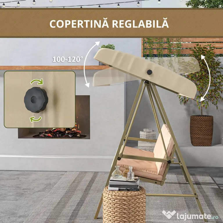 Outsunny Scaun Balansoar de Grădină cu 3 Locuri, Bancă cu Copertină Reglabilă, Perne Detașabile și Cadru din Oțel, 200x125x175 cm, Bej | Aosom Romania